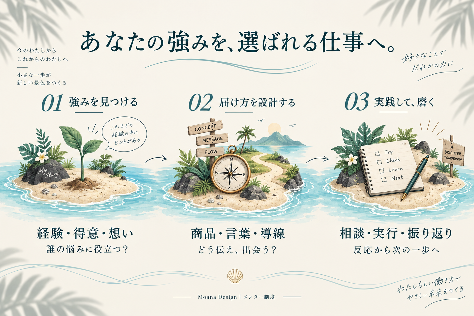 3段階の支援：経験・得意・想いから強みを見つける。商品・言葉・導線で届け方を設計する。相談・実行・振り返りを通して磨く。